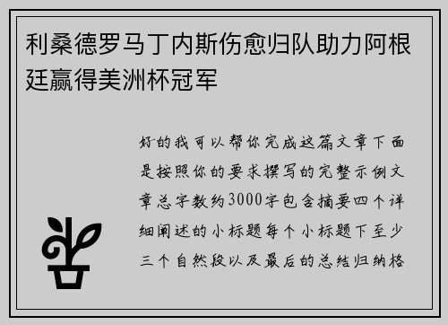 利桑德罗马丁内斯伤愈归队助力阿根廷赢得美洲杯冠军